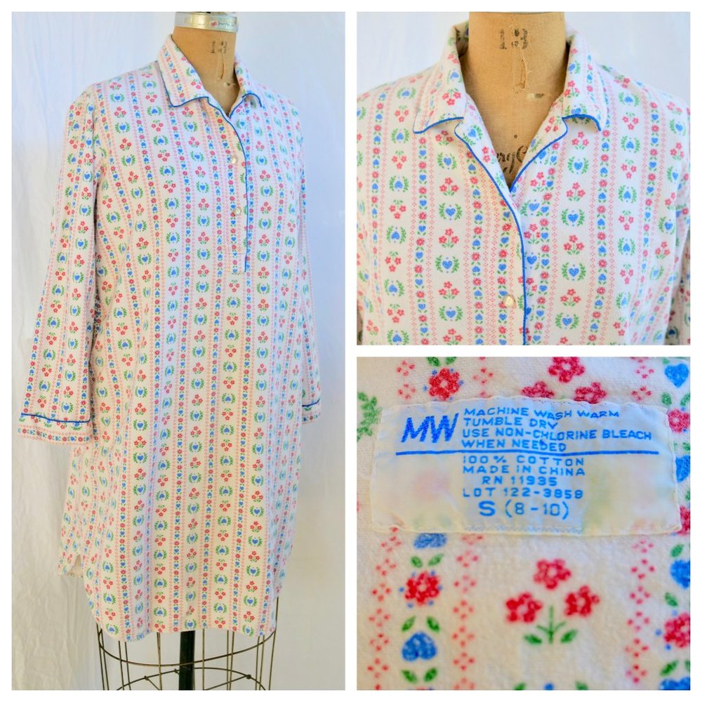 vtg MONTGOMERY WARD Hearts Floral Flannel Prairie Nightgown Shirt Cottagecore S